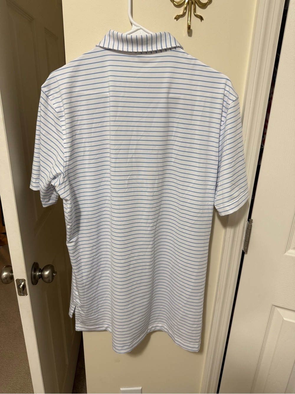 Peter Millar Men’s Light Blue Striped Polo Shirt North and South Pinehurst Logo - Picture 4 of 5